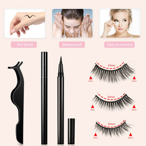 Self Adhesive Eyeliner Eyelashes Eyelashes Kit with Eyeliner &amp; Tweezers Reusable Waterproof False Lashes with 3 Pairs