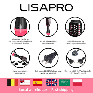 LISAPRO Hot Air Brush &amp;One-Step Hair Dryer  &amp;Volumizer 1000W Blow Dryer Soft Touch Pink Styler Gift&amp;Hair Curler Straightener